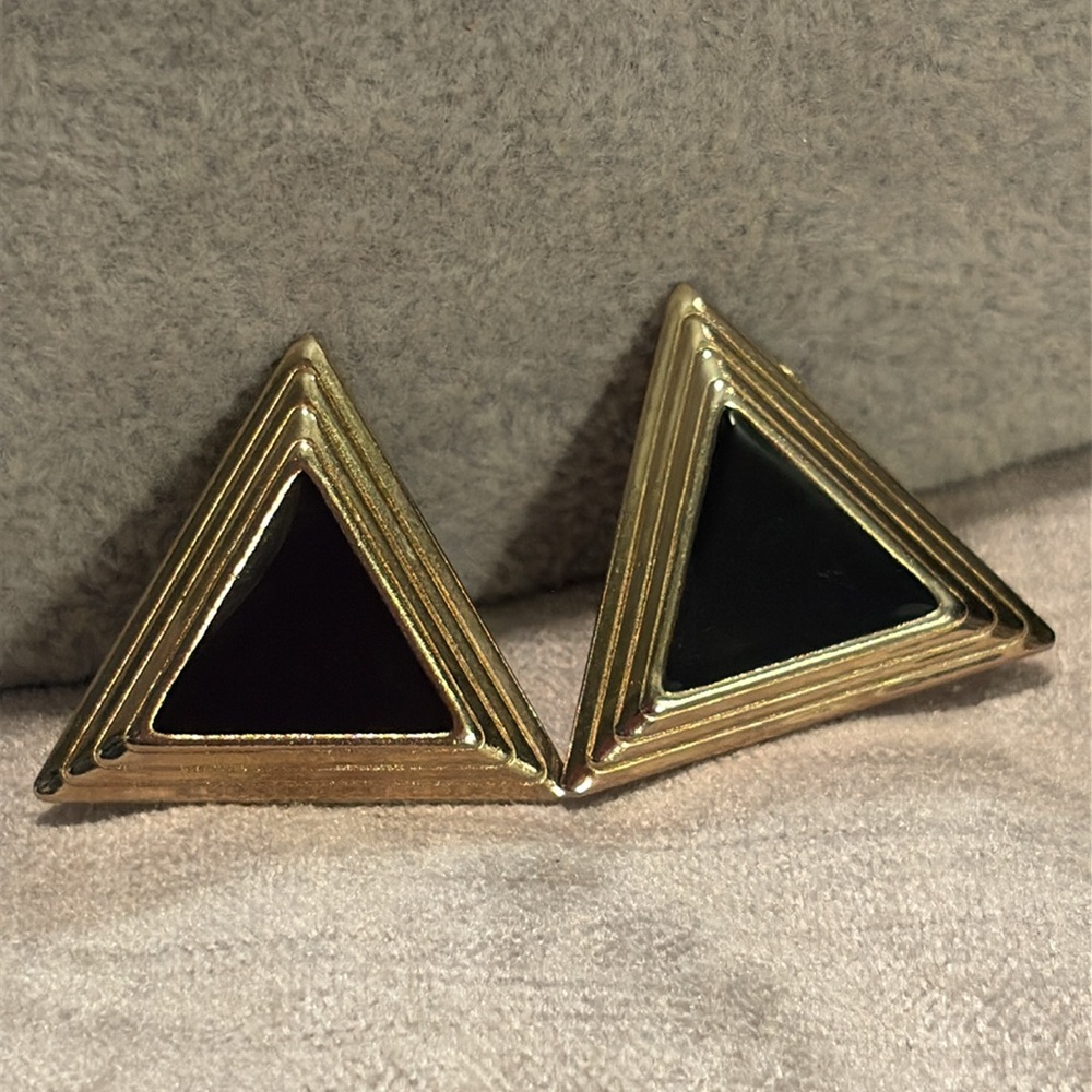 Vintage Gold and Black Geometric Metal 80’s Earrings Clip On Style Lightweight